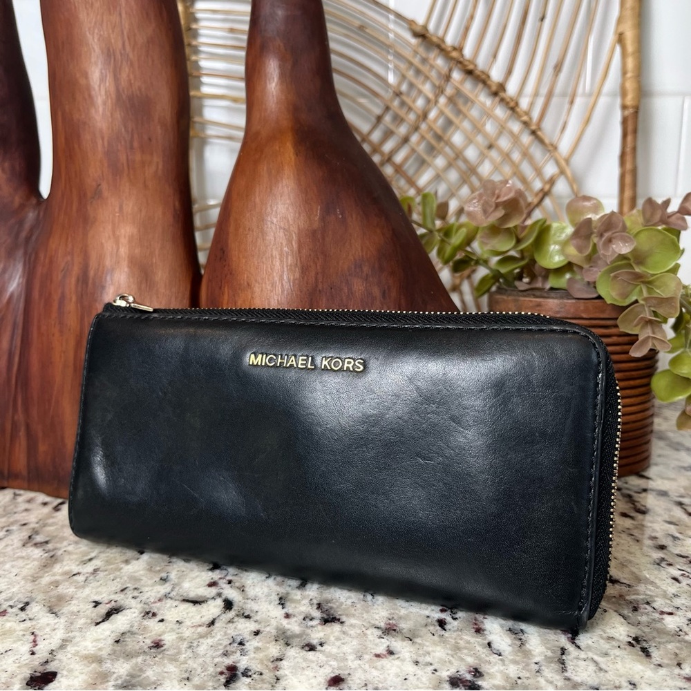 Michael Kors Black Leather Zip Pouch with Gold Hardware